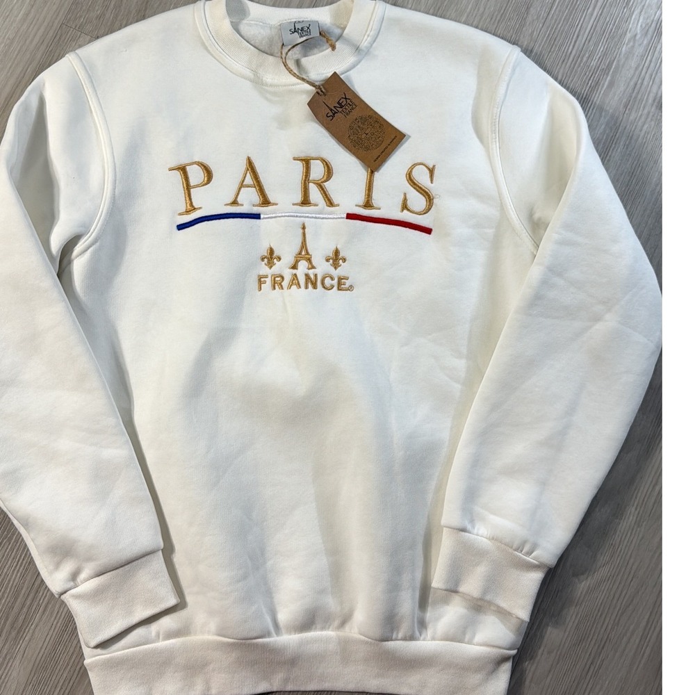 Sanex Textile France Paris France Embroidered White Sweatshirt Mens Large NWT